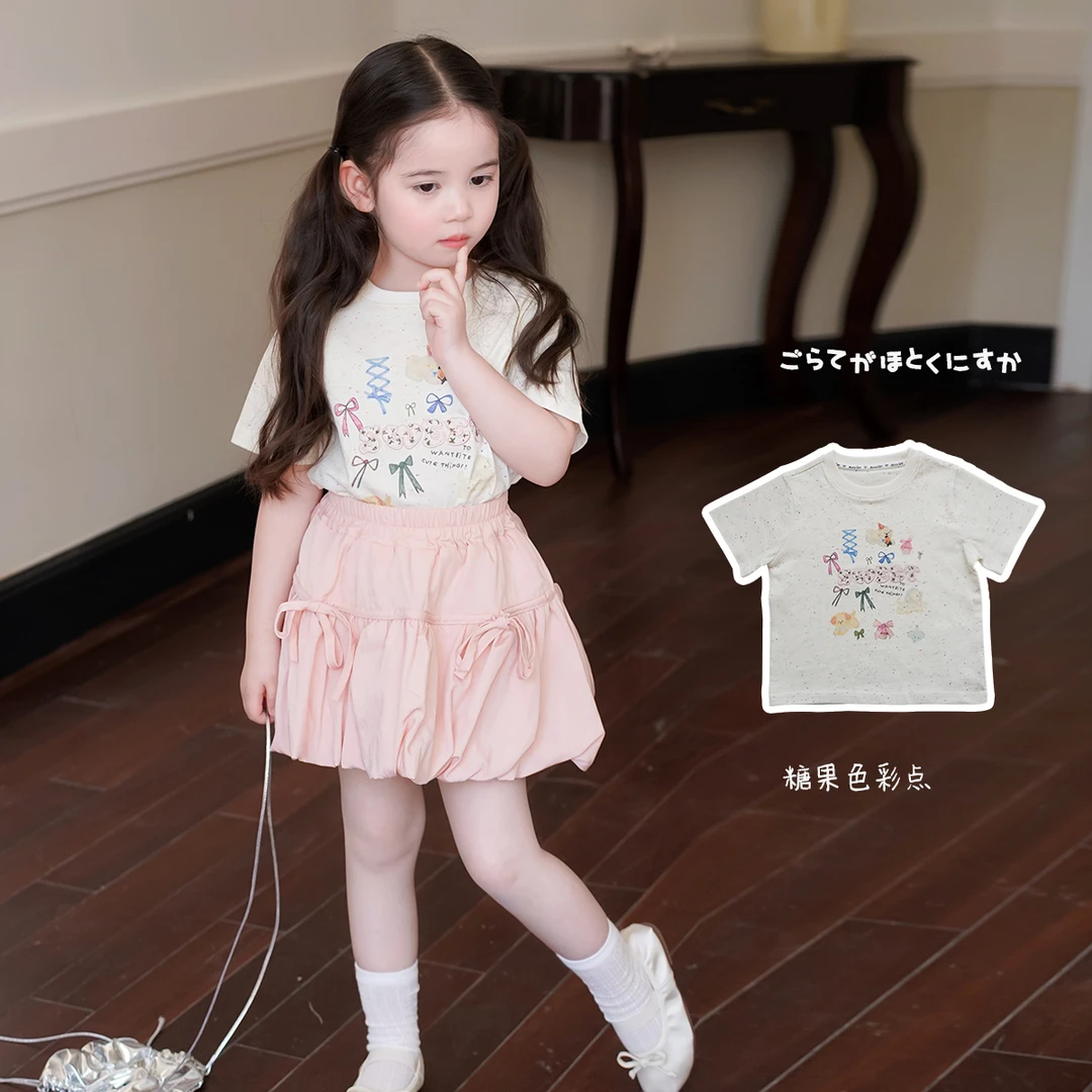AnnieGirl夏季新款女童粉色卡通刺绣甜美短袖T恤蓬蓬裙套装2025