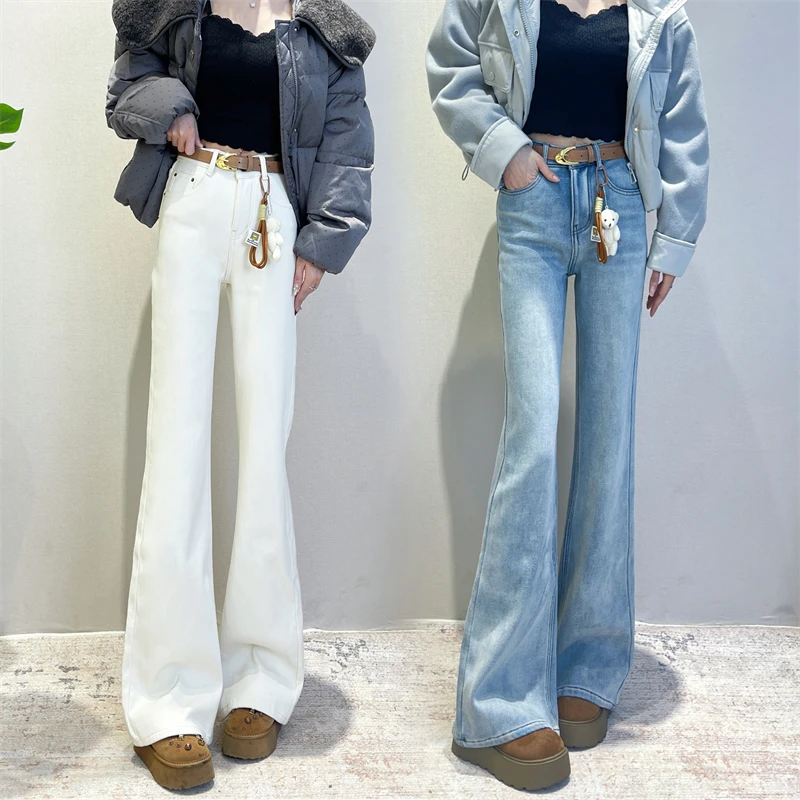 迪否高腰直筒白色牛仔裤女冬季加绒2025新款窄版阔腿显瘦微喇叭裤