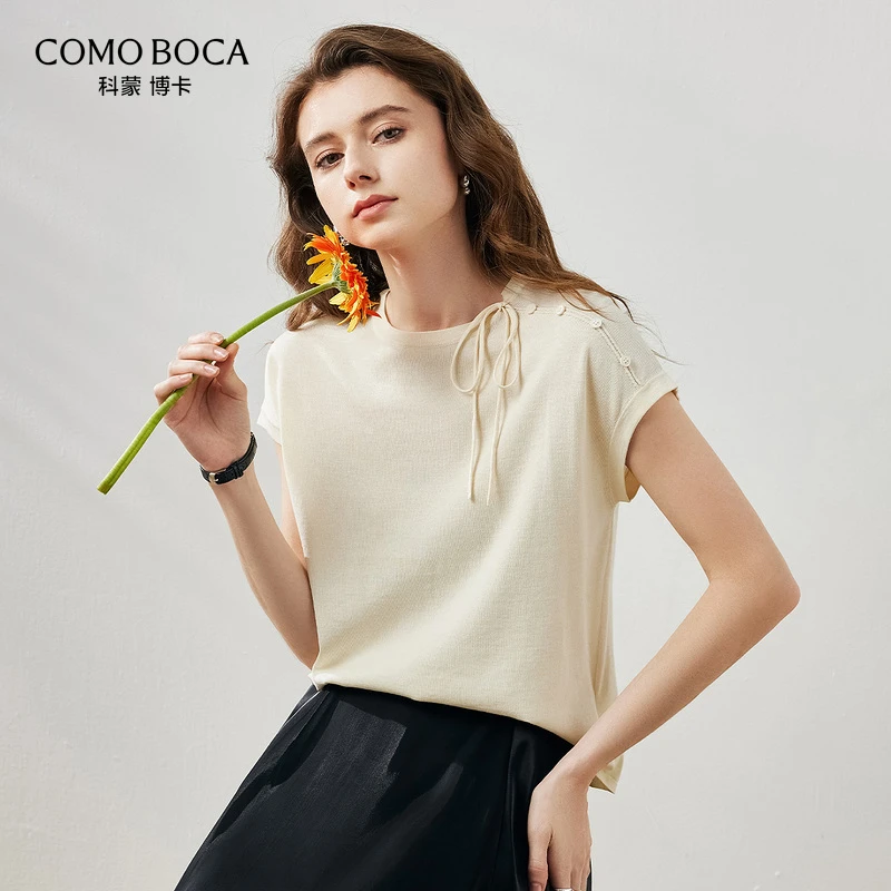 COMOBOCA/科蒙·博卡桑蚕丝针织T恤圆领女短袖百搭上衣KST1015