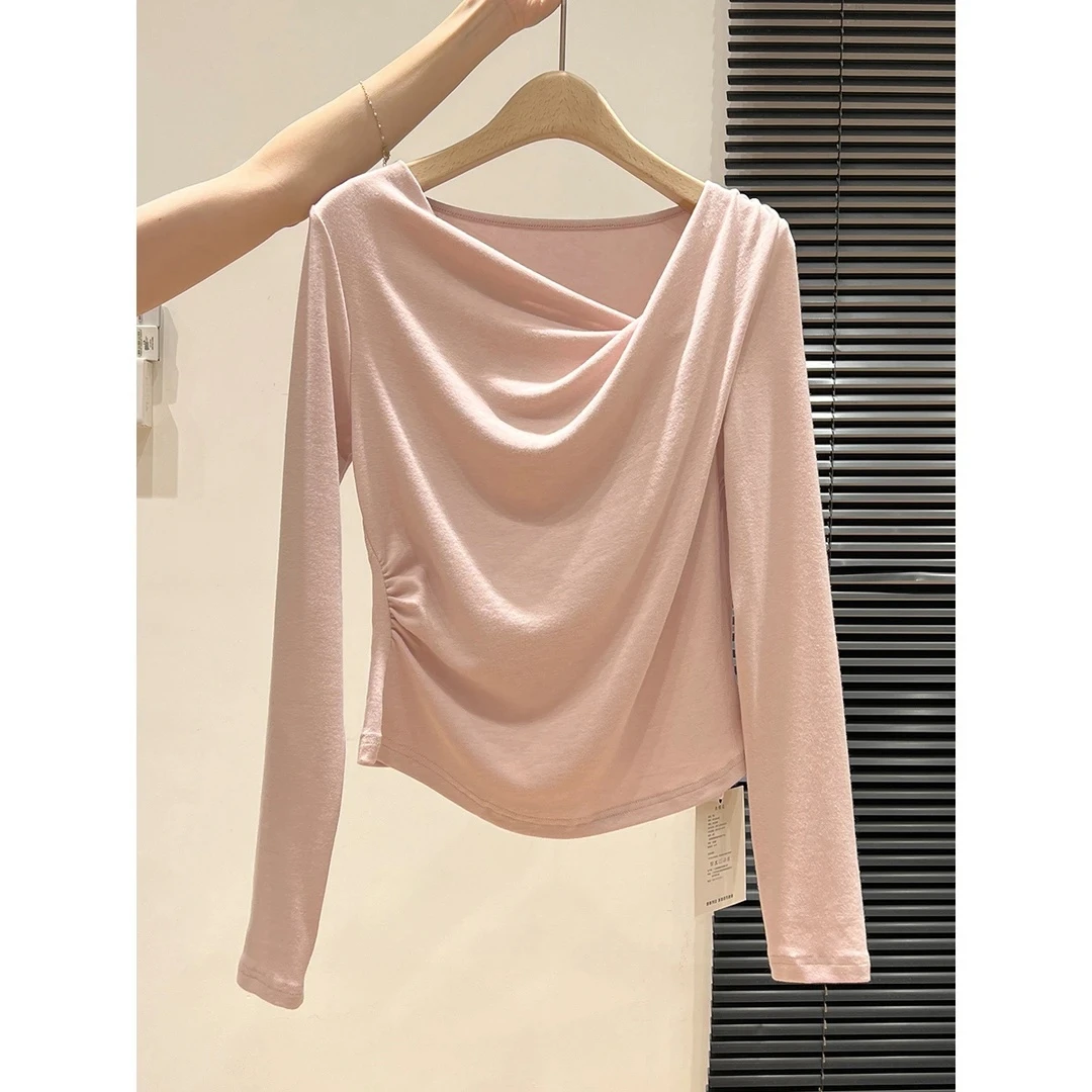 甜辣斜领露肩长袖T恤女褶皱修身荡领上衣打底衫小众气质潮流ins时