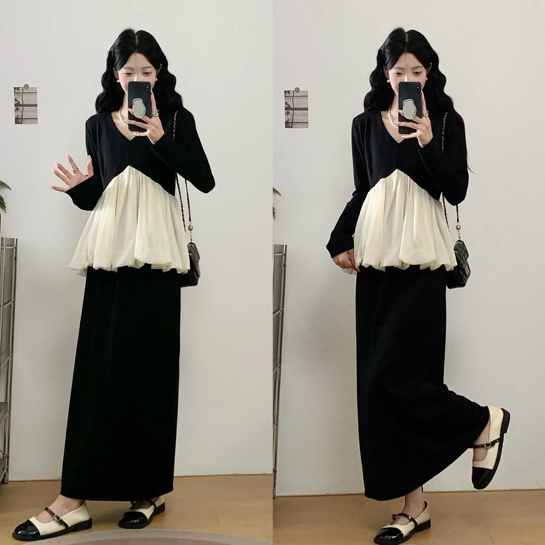 MO88ZSPF大码皱褶撞色拼接V领长袖T➕高腰垂感开叉半身裙两件套