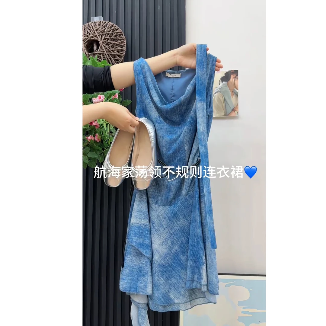 美式复古设计感蓝色连衣裙女2025夏季圆领荡领无袖小众不规则裙子