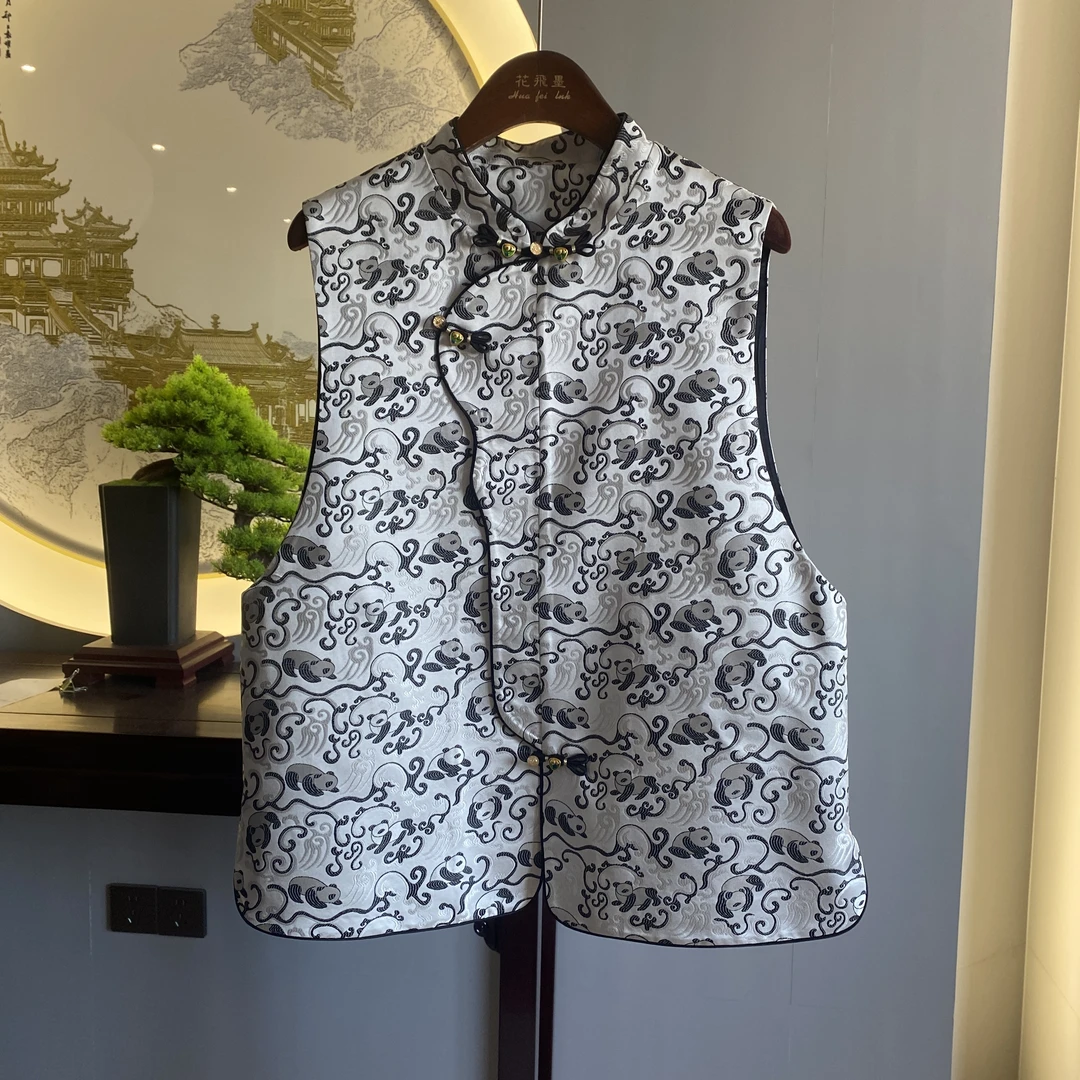 【熊猫】蜀锦马甲桑蚕丝国风中式百搭马夹无袖非遗轻奢黑白女休闲