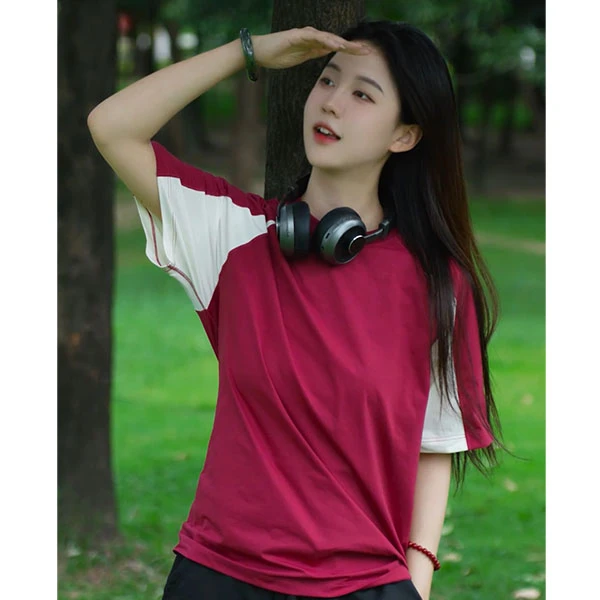 夏季新款休闲插肩美式复古运动T恤结构撞色短袖056