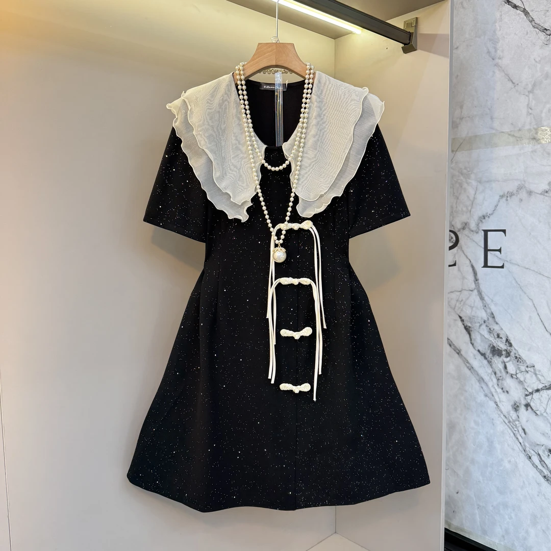 2025新中式国风双层蕾丝娃娃领流苏盘扣收腰胖妹妹显瘦连衣裙8631