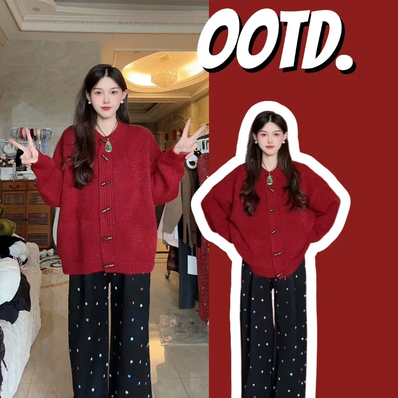 孕妇装冬装时尚加厚保暖宽松显瘦大码百搭喜庆红孕妇毛织开衫上衣