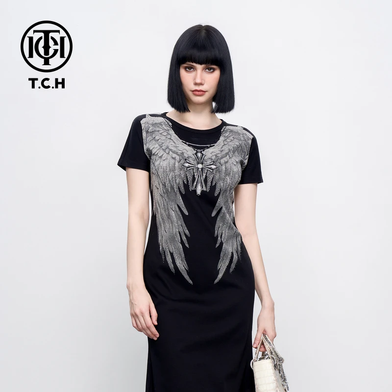 TCH轻奢烫钻工艺修身收腰包臀显瘦连衣裙女黑色圆领复古女士蕾丝