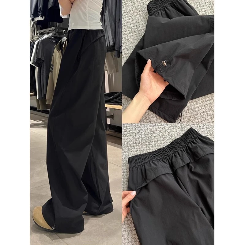 黑色工装裤女夏薄款美式直筒阔腿裤宽松垂感休闲小个子速干运动裤