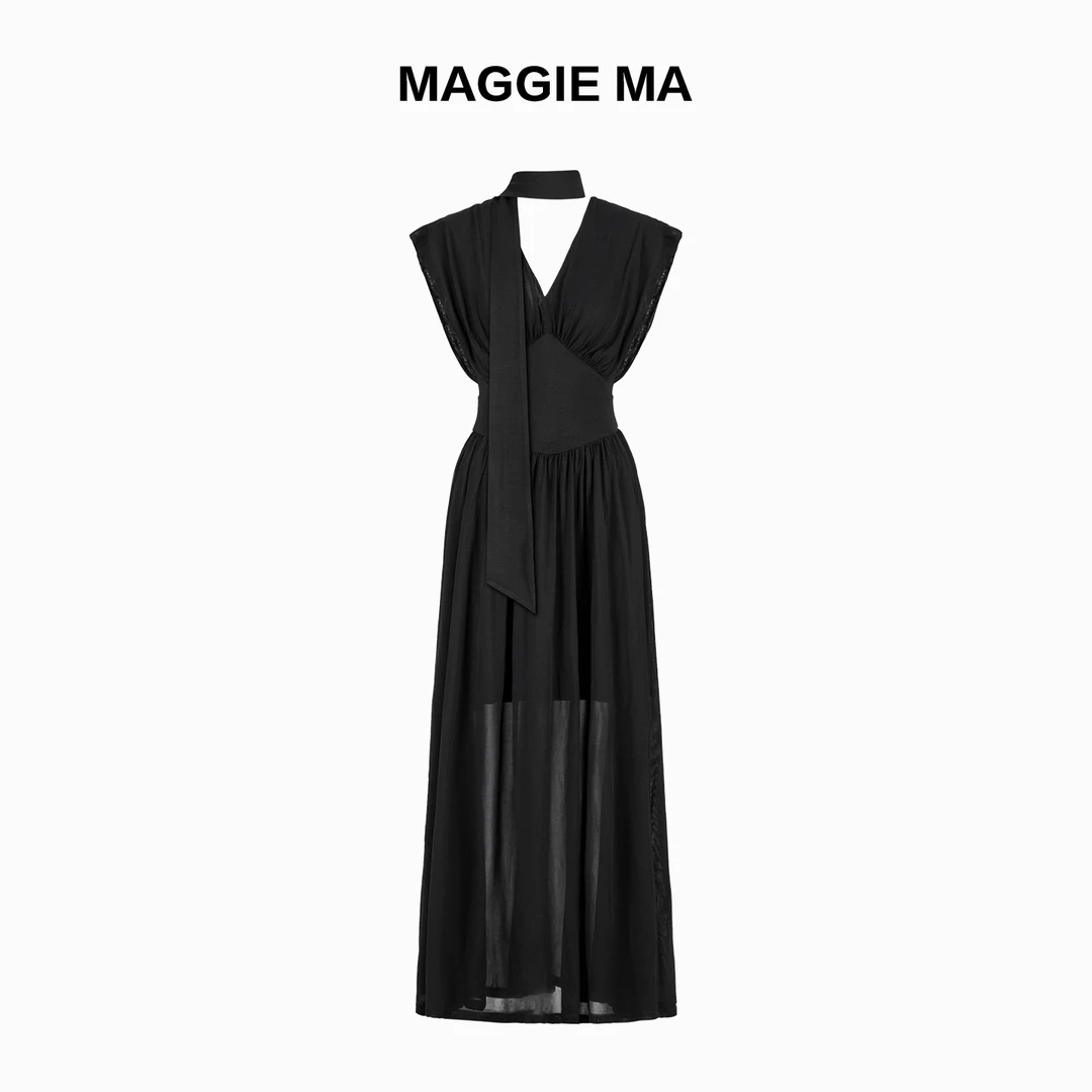 MAGGIE MA马婧设计师款法式优雅透视高腰显瘦连衣裙402D