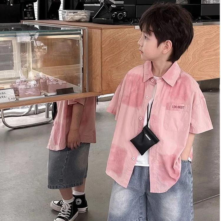 中小童酷酷衬衫海边洋气上衣印花短袖衬衫男女ins沙滩度假风衬衣