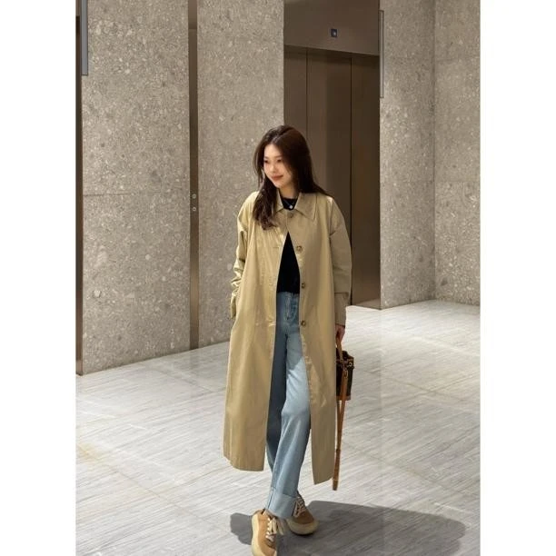 【西雅图】MEGANLE 100%进口棉翻领简约长款风衣外套2024567