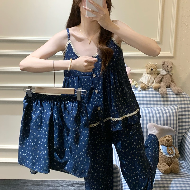 碎花家居服蓝色家居服套装女士睡衣薄款夏季吊带短裤长裤三件套装
