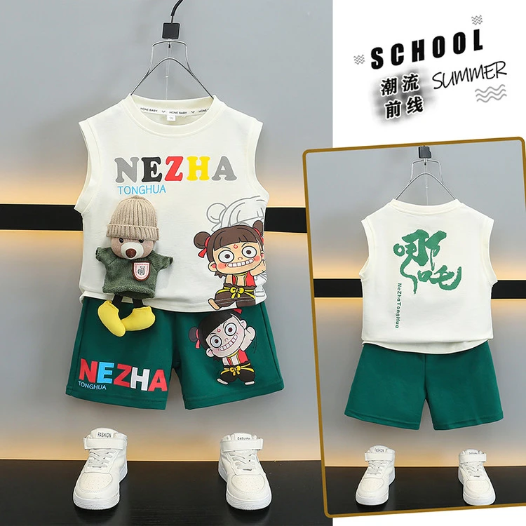 儿童夏季小熊哪吒无袖套装2025新款中小童卡通休闲套装