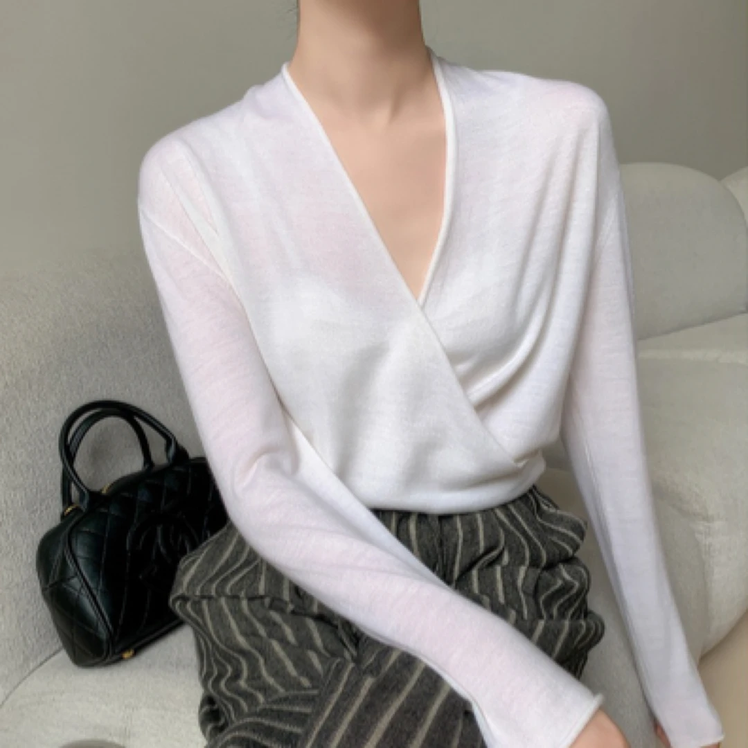 DJ806已开价 60支扬子纱线精纺100%全羊毛衫薄交叠领洋气气质女装