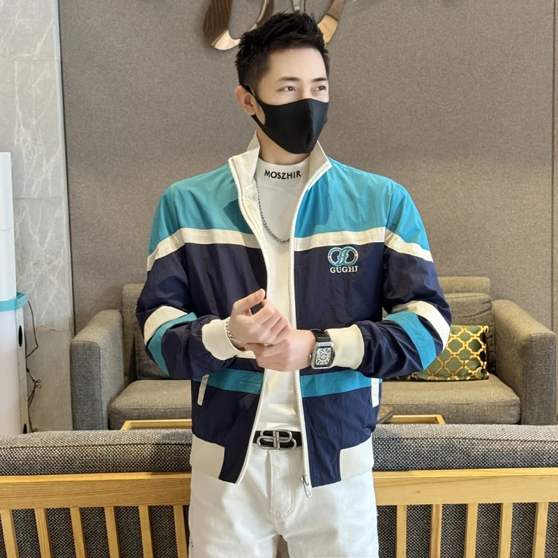 春季轻奢潮流三色撞色夹克男士男款个性刺绣胸标时尚立领上衣外套