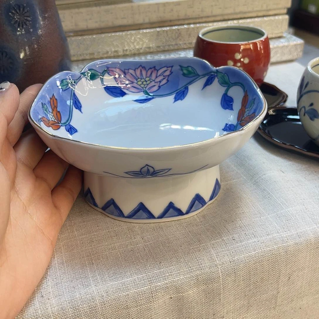 瓷片青花手绘高足盘