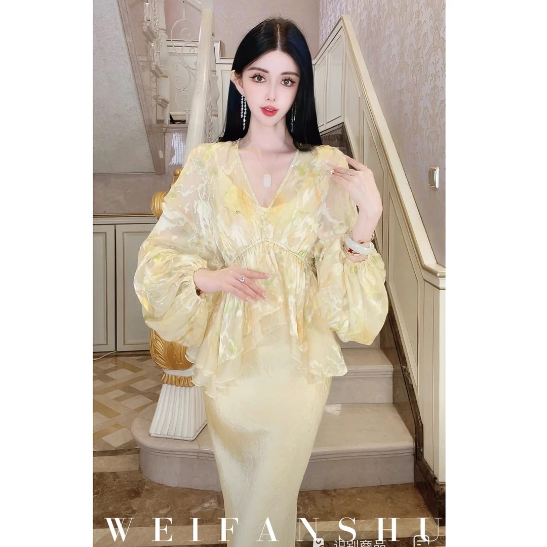 WEIFANSHU/魏凡舒【金桂满楹】夏季新款V领印花高级新中式真丝上衣