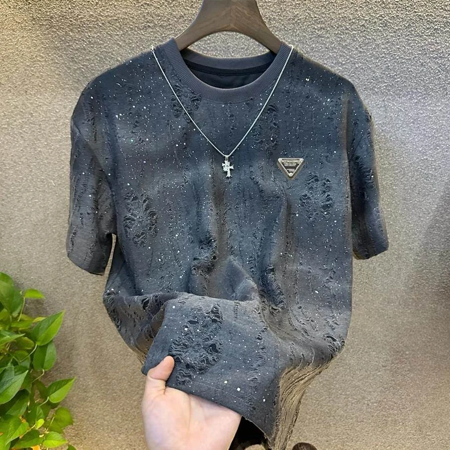 夏季新款男士满天星轻奢扎染圆领短袖T恤潮流百搭渐变破洞上衣潮