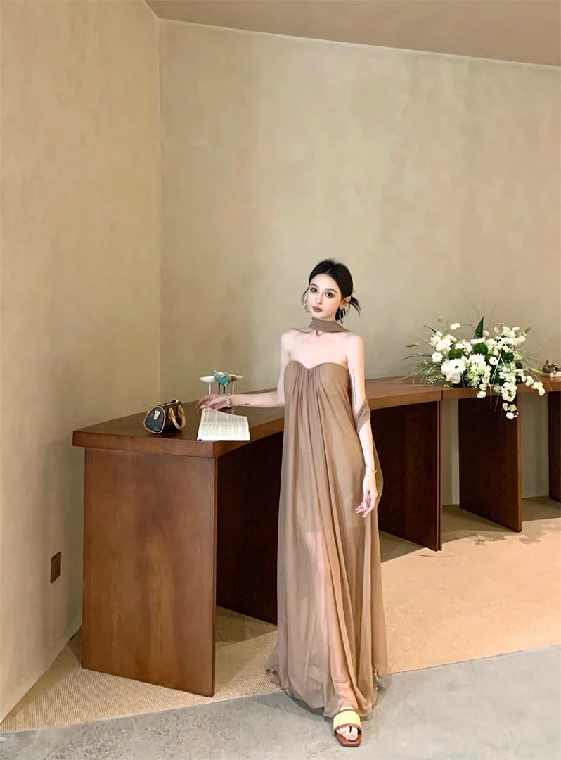 新款翩翩欲仙 度假气质网纱杏色抹胸连衣裙#22701