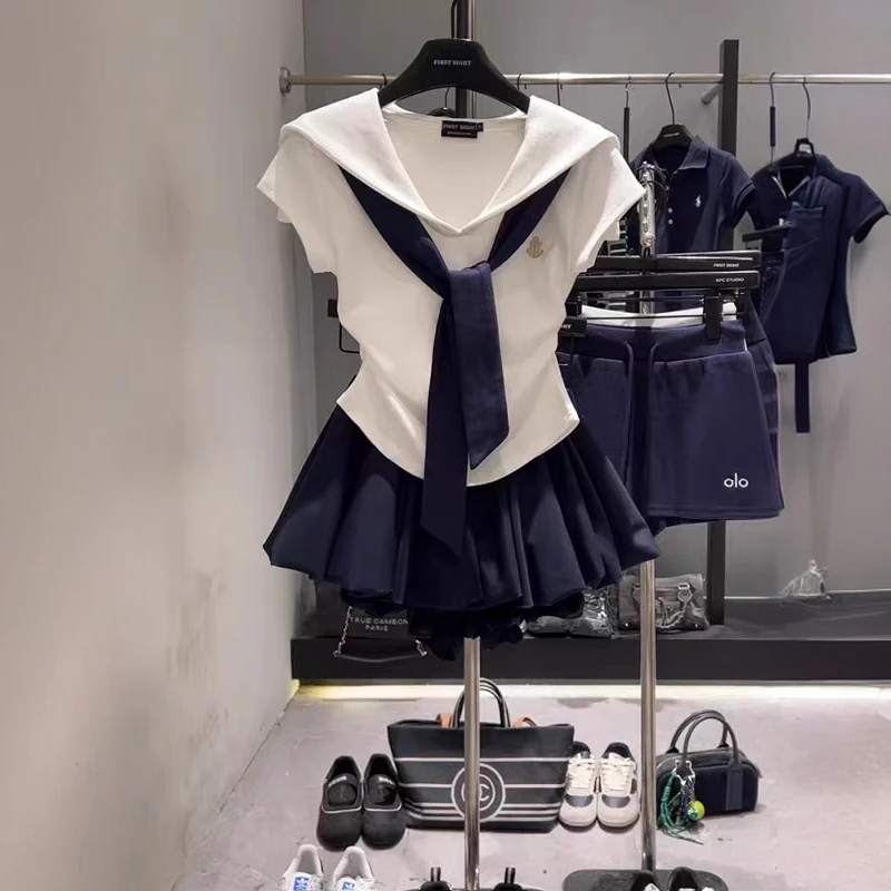 撞色海军领披肩拼接假两件T恤女夏季收腰显瘦百搭短袖上衣 8189