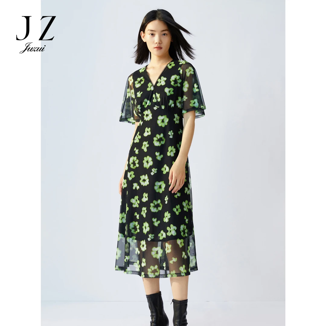 【婷婷专属】商场同JZ玖姿JZEC50026轻盈花卉V领飘逸连衣裙春