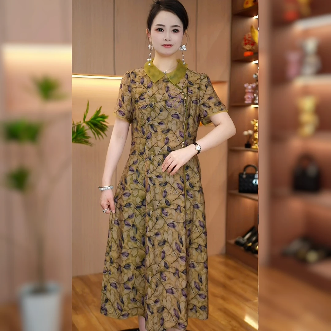 2025春夏季新款短袖时尚妈妈装时尚洋气显瘦连衣裙