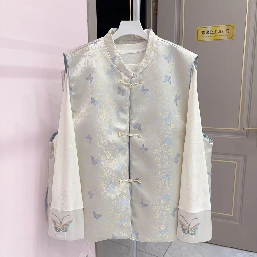 胖胖家*3410新款提花蝴蝶打底衫新中式蝴蝶马甲两件套
