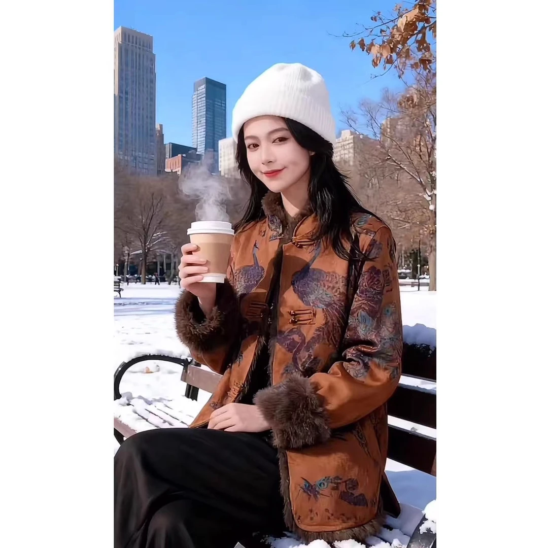 双面双穿新中式国风加厚外套复古香云纱提花拼接毛毛轻奢高端外套