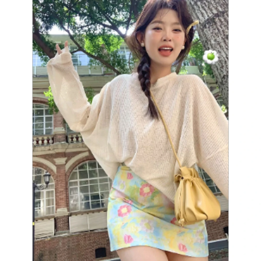 MARIE.COCO法式油画风防晒长袖上衣小个子油画彩绘碎花短裙套装女