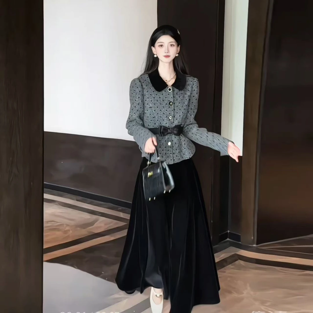 拉夏贝尔/25年秋季新气质收腰显瘦小香风长袖上衣+半裙 10690 LSC