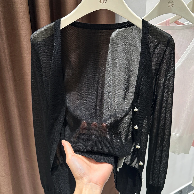 莱赛尔黑色V领珍珠扣超薄透视开衫女款2025夏季配连衣裙百搭罩衫
