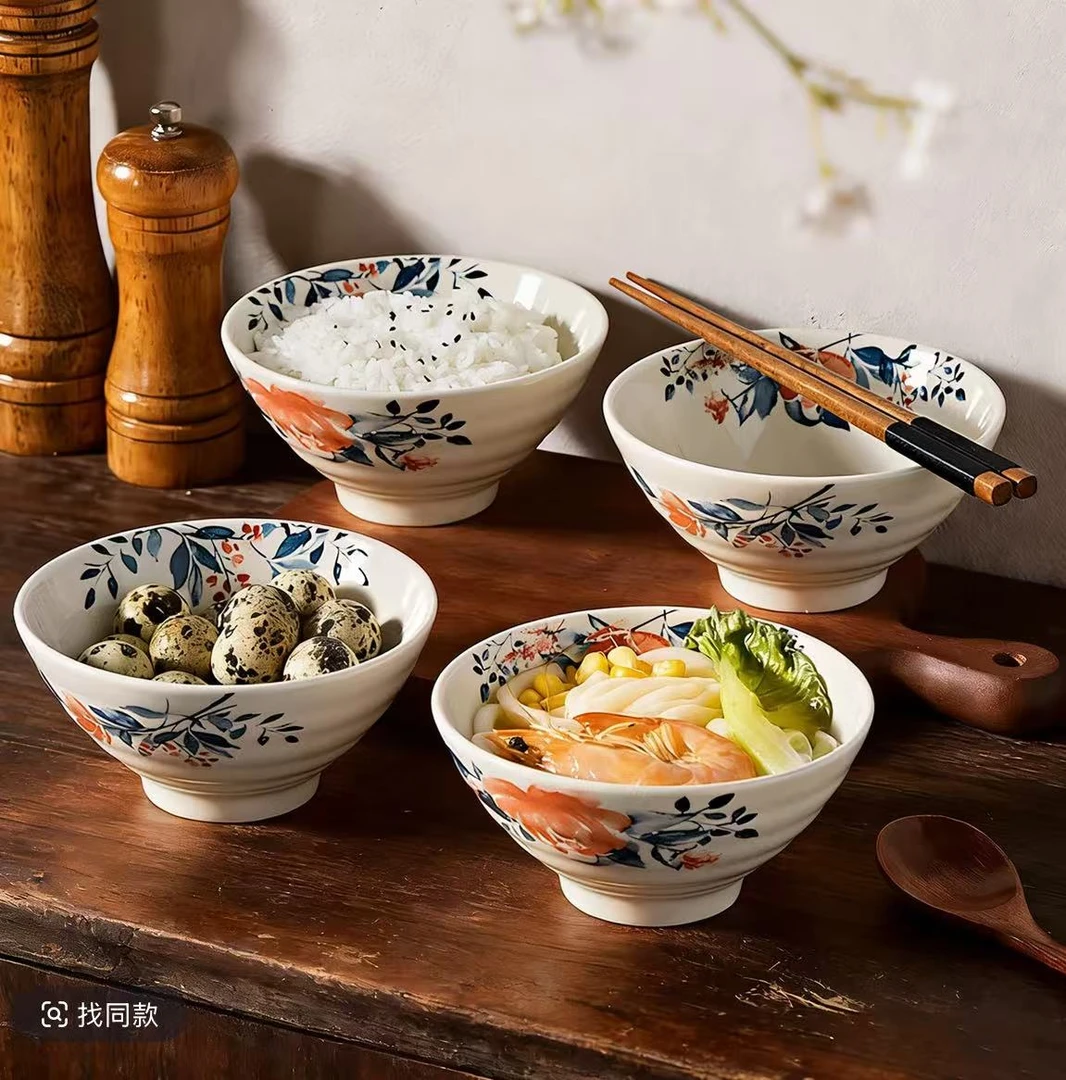 3复古国风牡丹5英寸米饭碗家用陶瓷手绘釉下彩饭碗