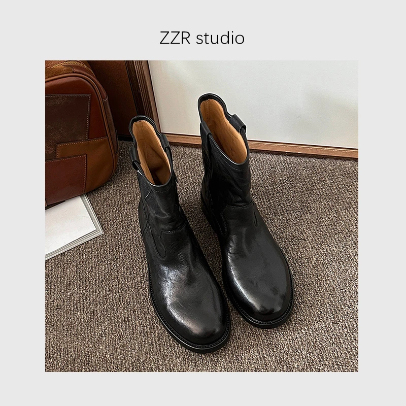 ZZR追求品质~复古粗跟时尚羊皮短靴女新款潮流百搭休闲韩版烟筒靴
