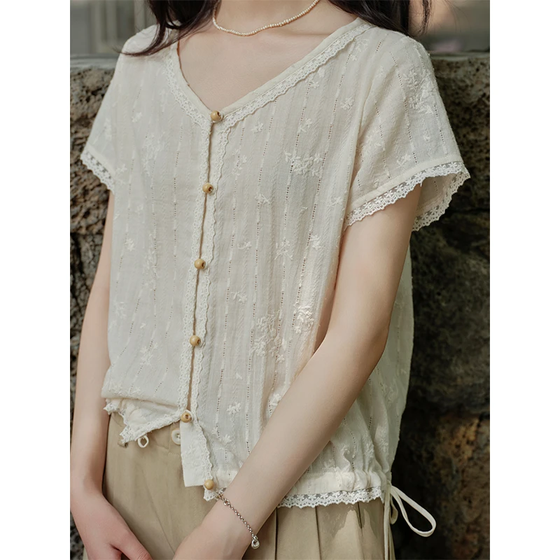 Botanique植物学“白色岛屿”法式100%棉绣花棉抽蕾丝拼接木扣小衫