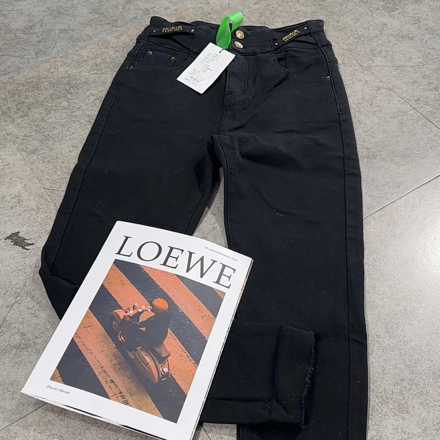 加绒黑色高腰九分小脚裤2665