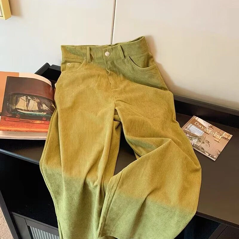 梦优莱绿色灯芯绒高腰直筒休闲裤女装秋冬新款宽松显瘦高腰长裤子