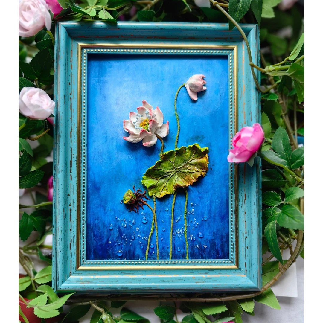 手工创意浮雕画蓝色月光下的荷18*25