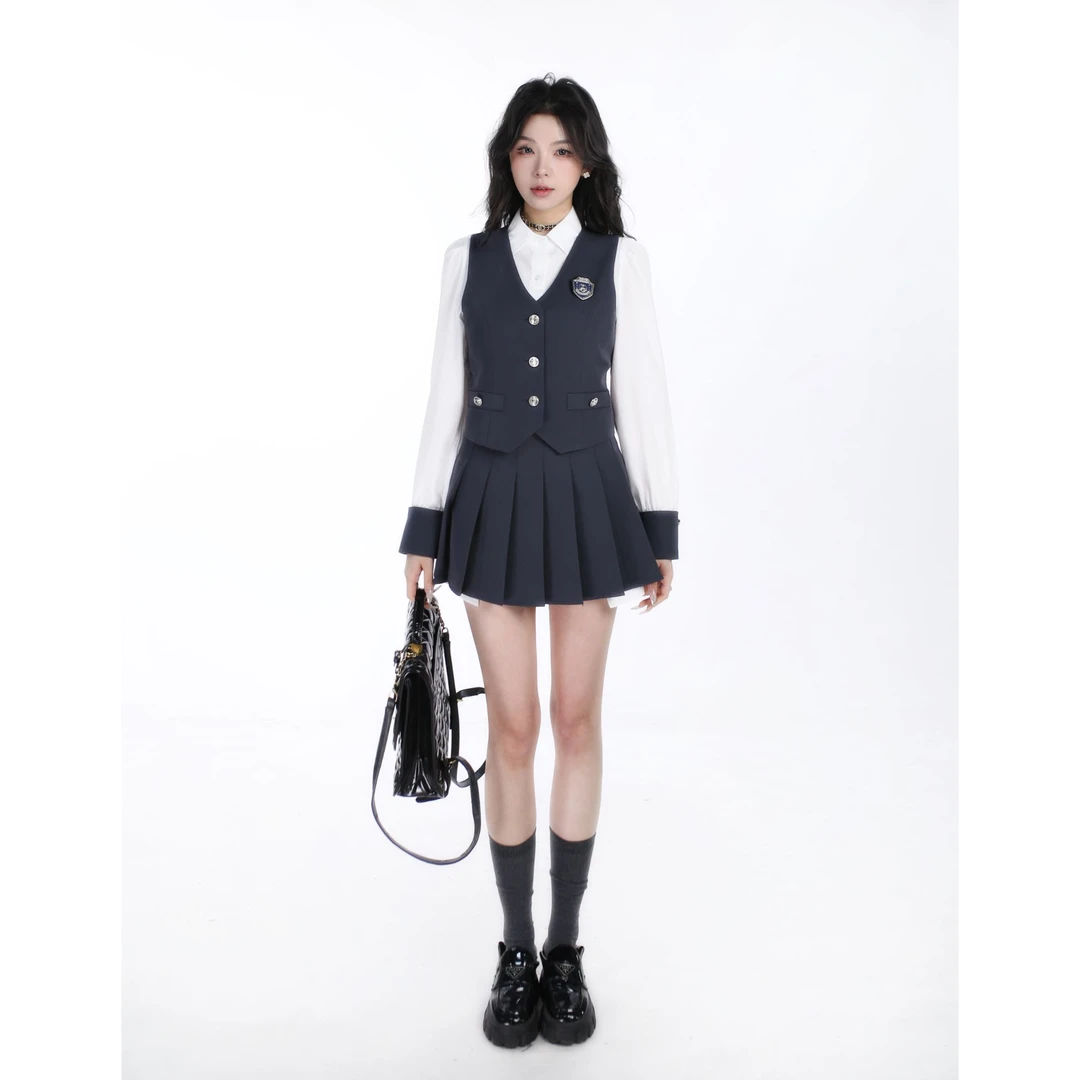 清！【白茶如梦】小众设计真两件学院风正肩拼色系收腰显瘦女套装