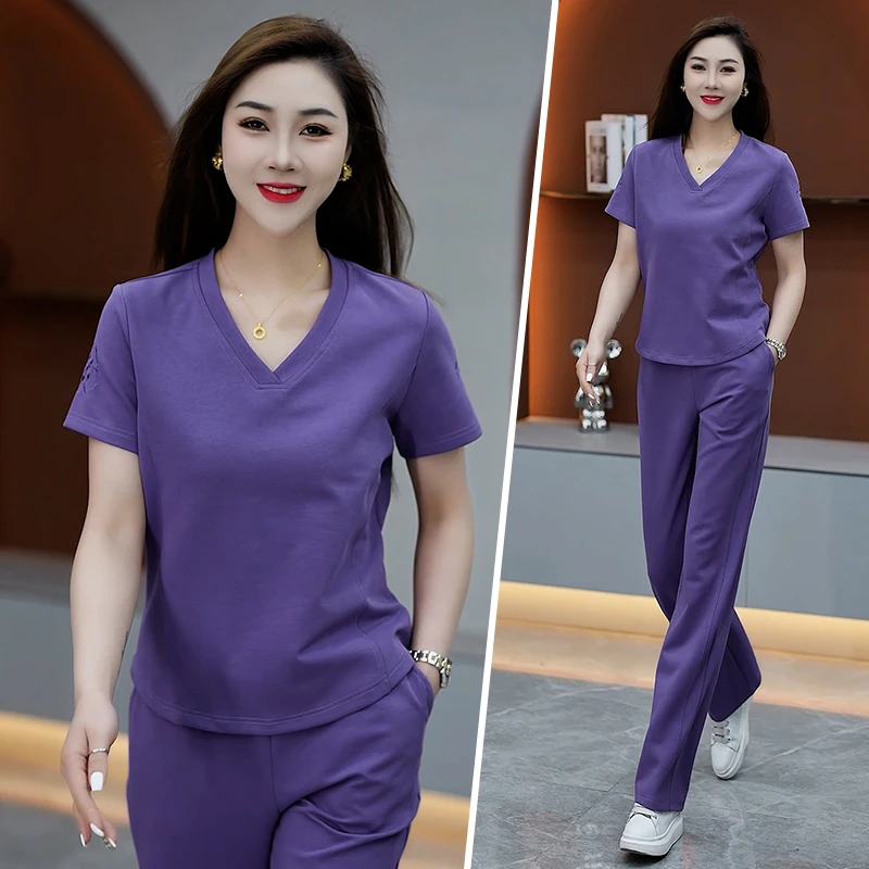 夏季时尚流行运动套装女洋气V领短袖气质长裤减龄欧货休闲两件套