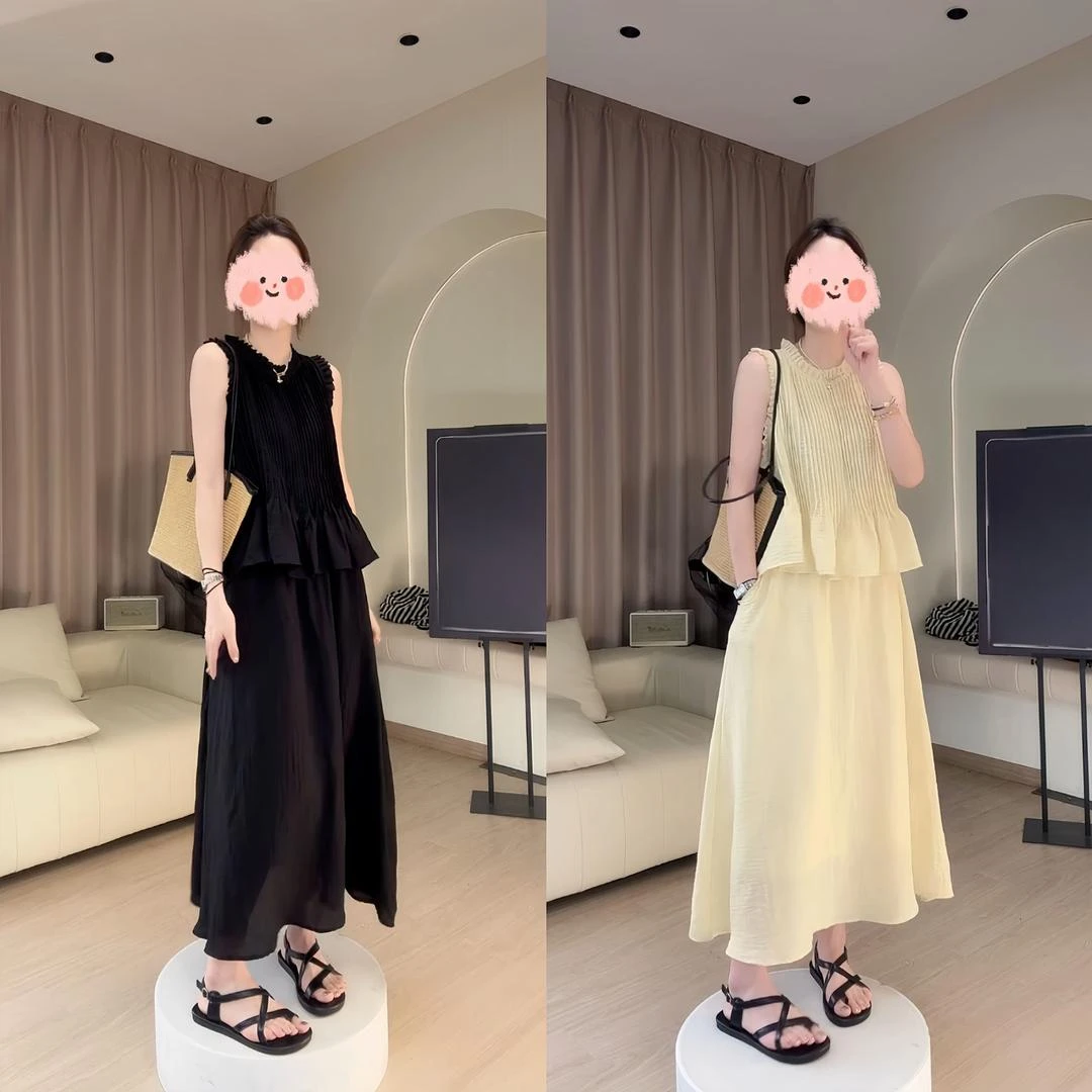 夏季新款出游穿搭韩系高级设计感时尚无袖上衣套装休闲舒适连衣裙