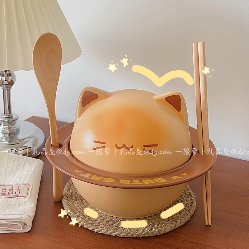 可爱猫咪泡面碗陶瓷带盖高颜值大容量螺丝粉面碗家用宿舍生日礼物