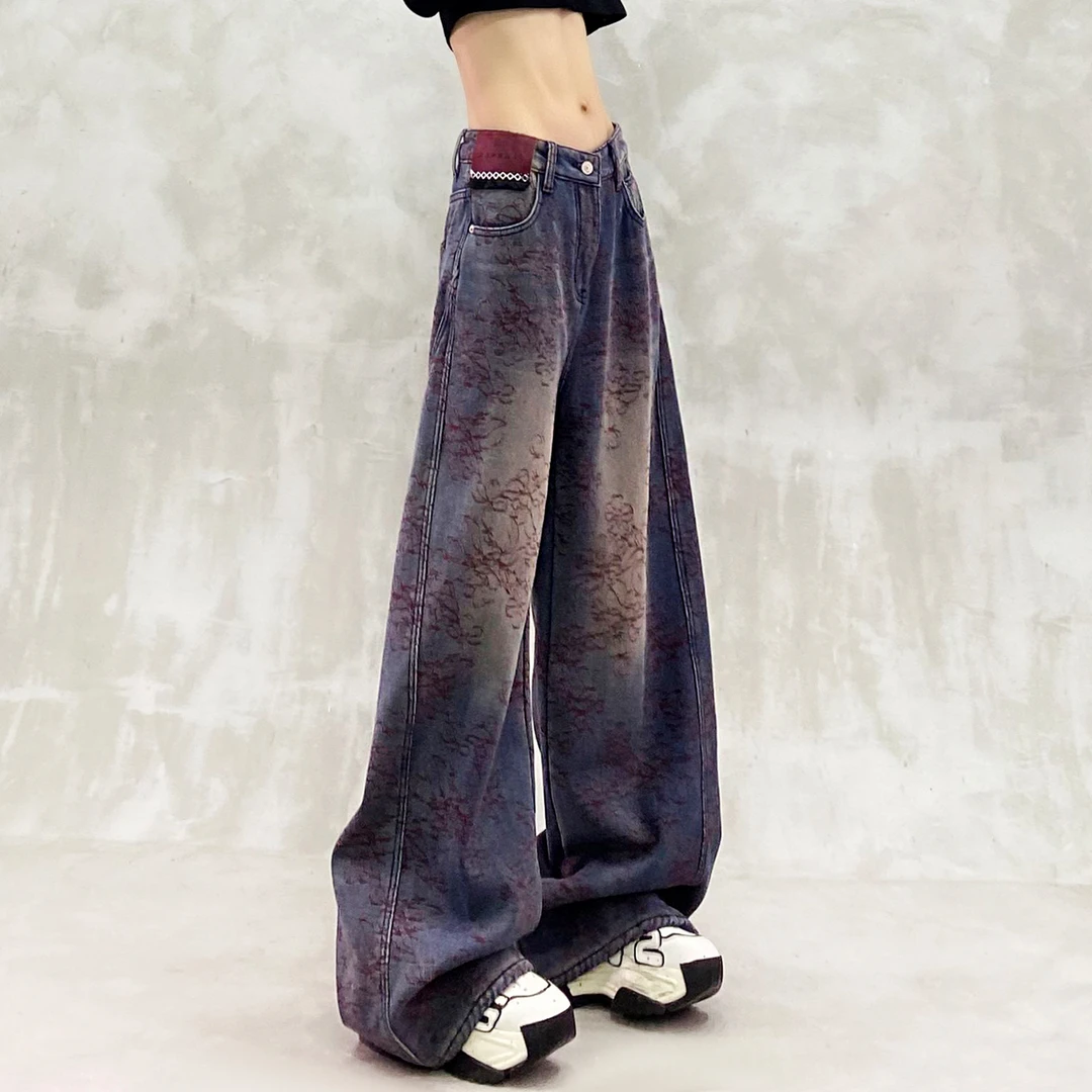 侧边条纹拼接印花加绒牛仔裤女冬新款高腰宽松显瘦百搭直筒阔腿裤