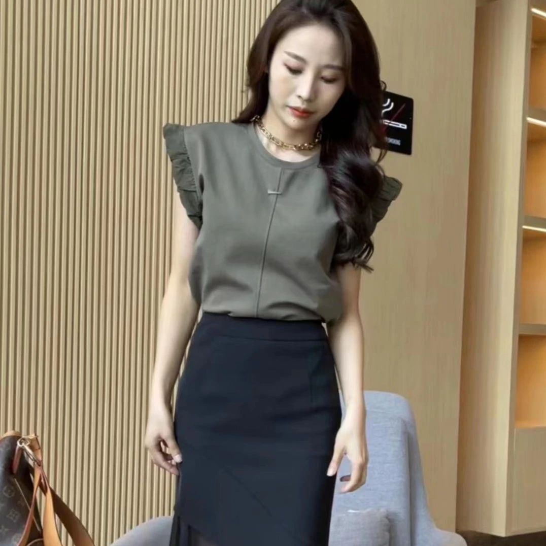 木耳边圆领褶皱飞飞袖上衣-0391