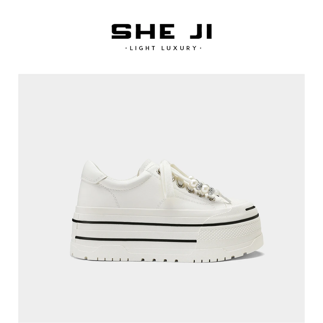 SHEJI奢季 头层小牛皮里垫全羊皮珍珠系带厚底休闲鞋