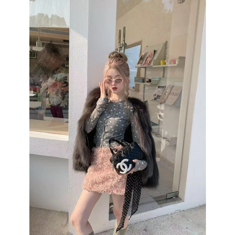 复古设计感气质保暖外套短款露脐波点针织衫时髦百搭显瘦短裙套装