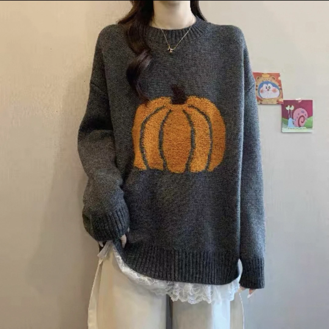 南瓜刺绣圆领毛衣女2025秋冬新款慵懒风宽松中长款蕾丝下摆