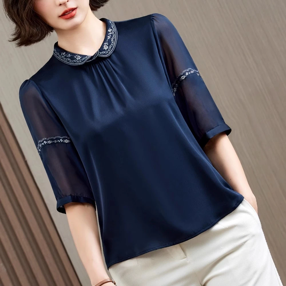 重磅真丝衬衫女短袖2025夏装新款时尚显瘦高端杭州纯色桑蚕丝上衣