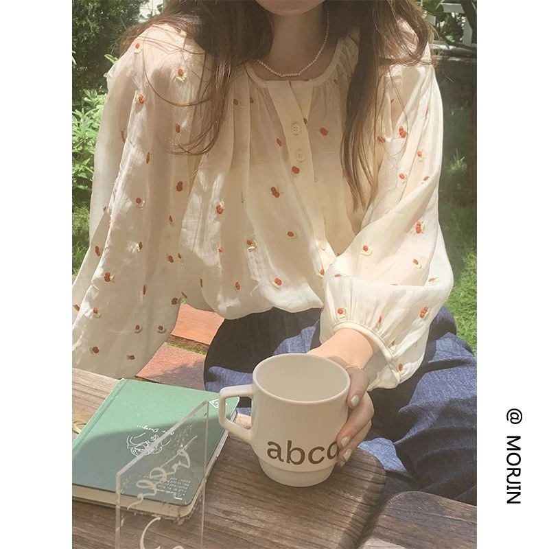 法式碎花雪纺长袖衬衫女高级感别致漂亮小衫泡泡袖防晒衫上衣服