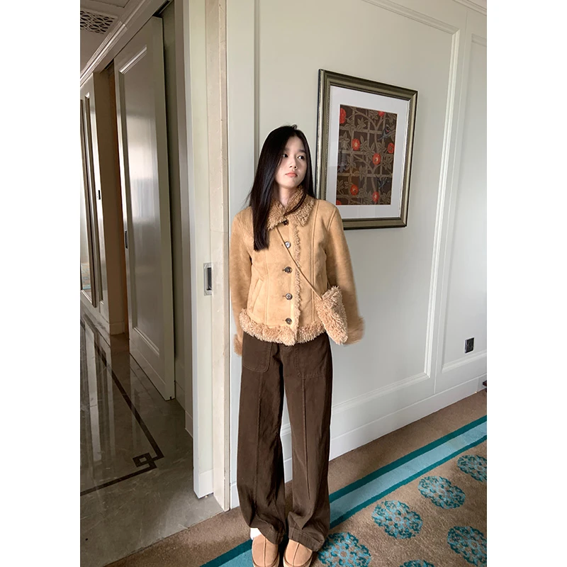 王少女YOKLASS 【清清】咖色直筒休闲裤复古中高腰裤 K27422S44