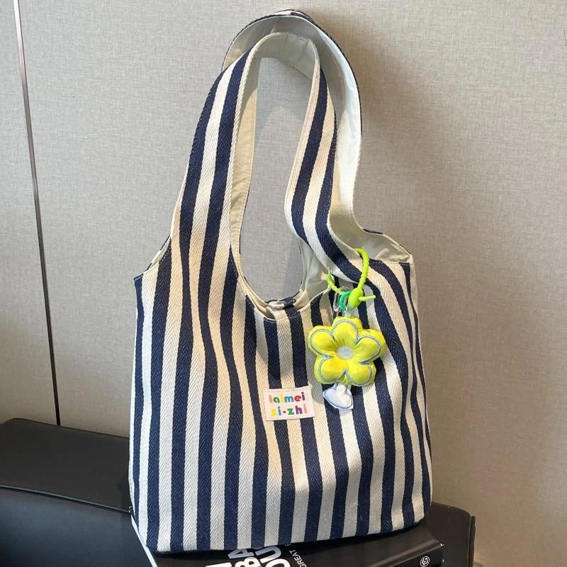 夏季双面腋下包包女大容量条纹帆布手提袋小众百搭单肩通勤托特包